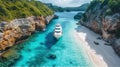 Beautiful drone photo of Caribbean island with white beach and yacht