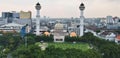 Beautiful drone shot of mosques and office buildings and apartments.