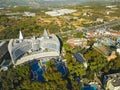 A beautiful drone top view of Okurcalar green resort territory with hotels, pools and gardens in the Alanya region of