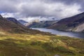 Beautiful drone view over Lake District landscape in late Summer, in Wast Water valley with mountain views and dramatic sky Royalty Free Stock Photo