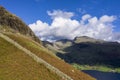 Beautiful drone view over Lake District landscape in late Summer, in Wast Water valley with mountain views and dramatic sky Royalty Free Stock Photo