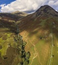 Beautiful drone view over Lake District landscape in late Summer, in Wast Water valley with mountain views and dramatic sky Royalty Free Stock Photo