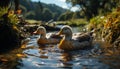 A beautiful duckling quacks in the tranquil green pond water generated by AI