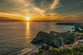 Beautiful dusk sunset of Bedruthan Steps rock stacks in Cornwall, UK Royalty Free Stock Photo