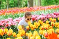 Beauriful dutch girl smelling tulip flower on tulip fields. Child in tulip flower field in Holland. Kid in magical Netherlands