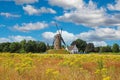 Beautiful dutch rural countryside landscape, field with yellow flowers, traditional windmill, blue summer ska fluffy white clouds