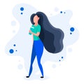 Beautiful dynamic girl with water. Young woman drinking water. The girl is drinking water. Sports girl. Flat design. Vector illust