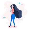 Beautiful dynamic girl with water. Young woman drinking water. The girl is drinking water. Sports girl. Flat design. Vector illust