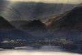 Beautiful early Winter morning landscape view from Latrigg Fell in Lake District across Derwentwater towards Castle Crag and Royalty Free Stock Photo