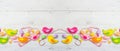 Beautiful Easter background with traditional decor. Flowers, decorative eggs, birds and rabbits