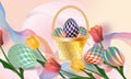 Beautiful Easter basket with colorful eggs and beautiful colorful spring flowers tulip. Vector illustration Royalty Free Stock Photo