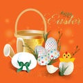 Beautiful Easter basket with colorful eggs, cute chiken and hat. Can be used for shopping sale, banner, invitation, website or gr