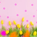 Beautiful Easter bright vivid spring blooming tulip flowers, colorful eggs, fresh grass and colourful feathers over pink polka dot Royalty Free Stock Photo