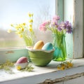 Beautiful Easter composition with colorful pastel eggs wildflowers on rustic wooden windowsill in a rural house. AI generated