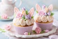 Beautiful Easter cupcake with bunny ears, sugar flowers and frosting