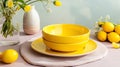 Beautiful Easter dinner with yellow ceramic plates near nest with easter eggs easter holiday theme