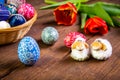 Easter eggs with tulips on weathered wooden background