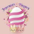 A beautiful easter egg with two cute rabbits in pink background, joyeuse paques text in french.