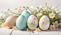 Beautiful easter eggs close up with small flowers
