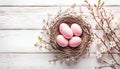 Beautiful easter eggs nest with flower blossoms and copy space