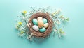 Beautiful easter eggs nest with flowers and copy space