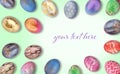 Beautiful Easter eggs and place for text on color background Royalty Free Stock Photo