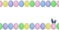 Beautiful Easter mockup. Painted Easter eggs with arranged in a frame. One egg with denim textile bunny ears. Seamless pattern.