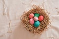Beautiful Easter multi color egg in straw on wooden background, Easter day concept Royalty Free Stock Photo