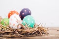 Beautiful Easter multi color egg in straw on wooden Royalty Free Stock Photo
