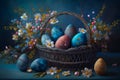 Beautiful Easter still life - painted eggs in a basket and bouquets of wild flowers on a blue background Royalty Free Stock Photo