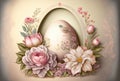 A Beautiful Easter style background with a decorated egg and flowers. Created with Generative AI