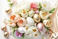 Beautiful Easter table decoration spring flowers and colorful Easter eggs. AI Generated