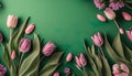 Beautiful Easter Tulips Pattern On Green Background With Copy Space - Generative AI