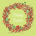Beautiful Easter wreath with eggs. Vector illustration on light green background. Happy Easter in the middle of the wreath Royalty Free Stock Photo