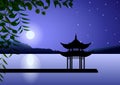 Beautiful Eastern landscape. Pagoda at Night on the shore at full moon Royalty Free Stock Photo