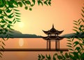 Beautiful Eastern landscape. Pagoda at sunset on the shore Royalty Free Stock Photo