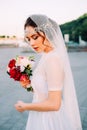 Beautiful eastern style bride with white veil and hairpiece Royalty Free Stock Photo
