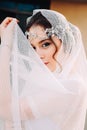 Beautiful eastern style bride with white veil and hairpiece Royalty Free Stock Photo