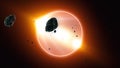 Beautiful Eclipse animation with meteorite shower. Realistic 3D rendering, High quality 4K shot of Eclipse planet, galactic, cosmo