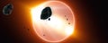 Beautiful Eclipse with meteorite shower. Realistic 3D rendering, High quality Eclipse planet, galactic, cosmos