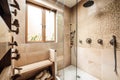 beautiful eco-friendly bathroom, with showerhead that uses filtered water and ceramic tiles