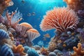 Beautiful ecosystem of sea life with ocean coral reef underwater background