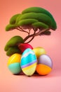 Beautiful eggs for easter day with tree Generative AI