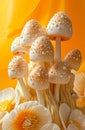 Beautiful eggs shaped mushrooms, style of floral explosions, light yellow and orange.