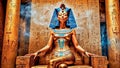 The beautiful Egyptian goddess-pharaoh Hatshepsut sits on a golden throne in the Dendera temple