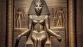 The beautiful Egyptian goddess-pharaoh Hatshepsut sits on a golden throne in the Dendera temple