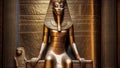 The beautiful Egyptian goddess-pharaoh Hatshepsut sits on a golden throne in the Dendera temple