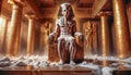 The beautiful Egyptian goddess-pharaoh Tutankhamun sits on a golden throne in the temple of Thebes