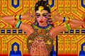 Beautiful Egyptian woman in a modern digital art fantasy style with her hands in a vogue pose by her face. Brilliant gold and blue