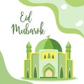 Beautiful eid mubarok with green mosque illustration, template islamic greeting card 